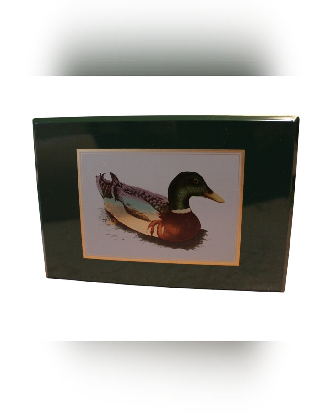 Box produced by Otagiri Japan. Duck Art Print on Green Background